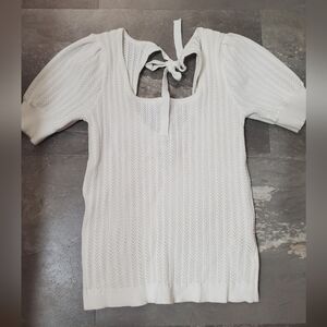 FRNCH Paris Elegant White Knit Short Sleeves Top. Partial Open Back. Bow. S.
